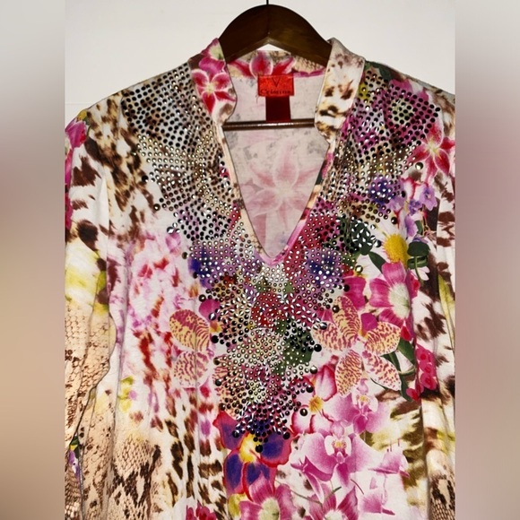 V-Cristina Vtg Animal Print Studded Popover Blouse Women L Multicolor Y2K - Picture 4 of 7